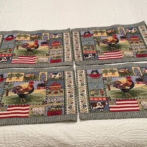 Set of 4 Place Mats Farmhouse America Tapestry Look  Roosters Lightly Used